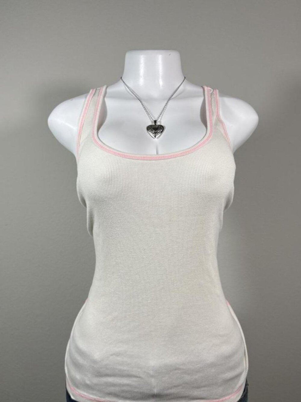 Old Navy Tank Top White Ribbed Pink Trim Y2K XL